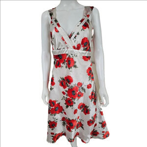 Romy Faux Satin Floral Print Thick Sleeveless V-Neck Midi Dress Size L
